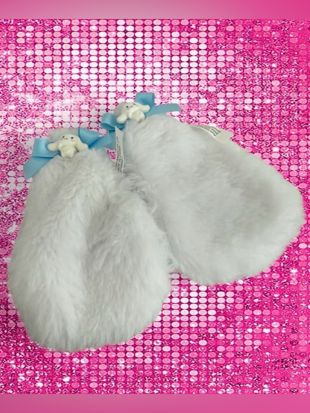 Sanrio Cinnamoroll ears white fluffy hair clips with blue ribbon